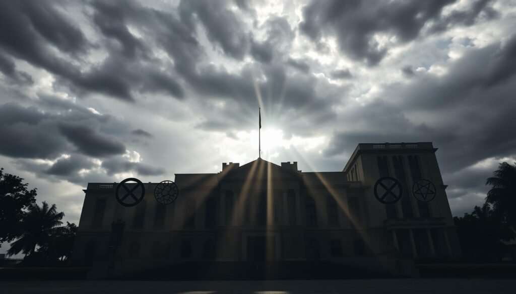 A grandiose and imposing government building, with a towering facade and ornate architecture, stands prominently against a backdrop of a cloudy, overcast sky. In the foreground, a series of intricate icons and symbols representing the various "prohibiciones" or prohibitions related to state contracting in Colombia are displayed in a symmetrical arrangement, casting long shadows that convey a sense of gravity and importance. The lighting is dramatic, with beams of light breaking through the clouds, illuminating the details of the building and the icons. The overall mood is one of authority, regulation, and the weight of governmental oversight, reflecting the subject of the article's section on the evolution from "inhabilidades/incompatibilidades" to "prohibiciones" in Colombian state contracting. A grandiose and imposing government building, with a towering facade and ornate architecture, stands prominently against a backdrop of a cloudy, overcast sky. In the foreground, a series of intricate icons and symbols representing the various "prohibiciones" or prohibitions related to state contracting in Colombia are displayed in a symmetrical arrangement, casting long shadows that convey a sense of gravity and importance. The lighting is dramatic, with beams of light breaking through the clouds, illuminating the details of the building and the icons. The overall mood is one of authority, regulation, and the weight of governmental oversight, reflecting the subject of the article's section on the evolution from "inhabilidades/incompatibilidades" to "prohibiciones" in Colombian state contracting.