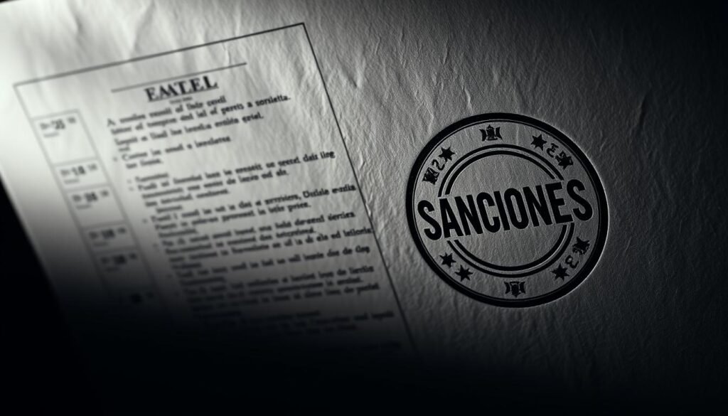 A high-contrast administrative document cascading down, illuminated by dramatic backlighting. In the foreground, a focal point of an official government seal or stamp, emblazoned with the word "SANCIONES" in bold relief. The middle ground features indistinct legal text and bureaucratic details, hinting at the complex processes and procedures involved. The background gradually fades into shadowy ambiguity, conveying a sense of gravity and consequence. The overall mood is one of stern authority, power, and the weight of official mandate. A high-contrast administrative document cascading down, illuminated by dramatic backlighting. In the foreground, a focal point of an official government seal or stamp, emblazoned with the word "SANCIONES" in bold relief. The middle ground features indistinct legal text and bureaucratic details, hinting at the complex processes and procedures involved. The background gradually fades into shadowy ambiguity, conveying a sense of gravity and consequence. The overall mood is one of stern authority, power, and the weight of official mandate.