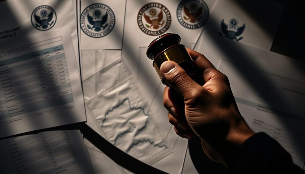 A high-contrast, cinematic image of a hand holding a gavel against a backdrop of financial ledgers, spreadsheets, and official government seals, symbolizing the legal and fiscal authority governing public contracts in Colombia. Dramatic side lighting casts long shadows, creating a sense of gravity and importance. The scene is rendered in a realistic, photographic style with a shallow depth of field, placing the focal point on the hand and gavel. An overall mood of precision, order, and the weight of responsibility in upholding the law. A high-contrast, cinematic image of a hand holding a gavel against a backdrop of financial ledgers, spreadsheets, and official government seals, symbolizing the legal and fiscal authority governing public contracts in Colombia. Dramatic side lighting casts long shadows, creating a sense of gravity and importance. The scene is rendered in a realistic, photographic style with a shallow depth of field, placing the focal point on the hand and gavel. An overall mood of precision, order, and the weight of responsibility in upholding the law.