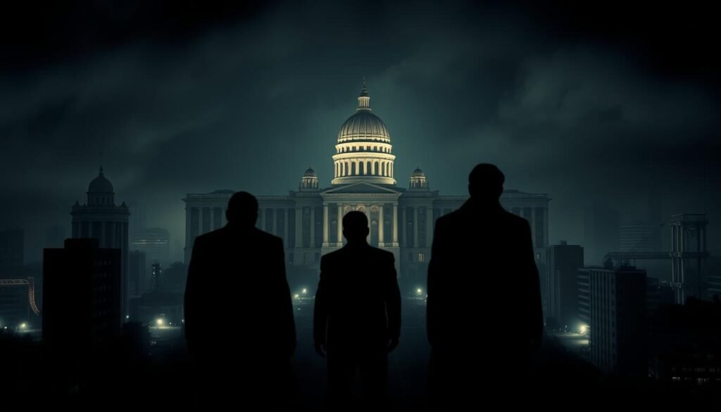A high-contrast, cinematic image of three iconic case studies in Colombian government contracting: the Odebrecht corruption scandal, the Reficar oil refinery project debacle, and a landmark legal decision setting precedents for state liability. The scene depicts a dark, foreboding cityscape with imposing government buildings in the background, illuminated by dramatic chiaroscuro lighting. In the foreground, a trio of shadowy figures representing the scandals, their forms emerging from the gloom. An atmosphere of complexity, opacity, and cautionary lessons for policymakers and the public. A high-contrast, cinematic image of three iconic case studies in Colombian government contracting: the Odebrecht corruption scandal, the Reficar oil refinery project debacle, and a landmark legal decision setting precedents for state liability. The scene depicts a dark, foreboding cityscape with imposing government buildings in the background, illuminated by dramatic chiaroscuro lighting. In the foreground, a trio of shadowy figures representing the scandals, their forms emerging from the gloom. An atmosphere of complexity, opacity, and cautionary lessons for policymakers and the public.