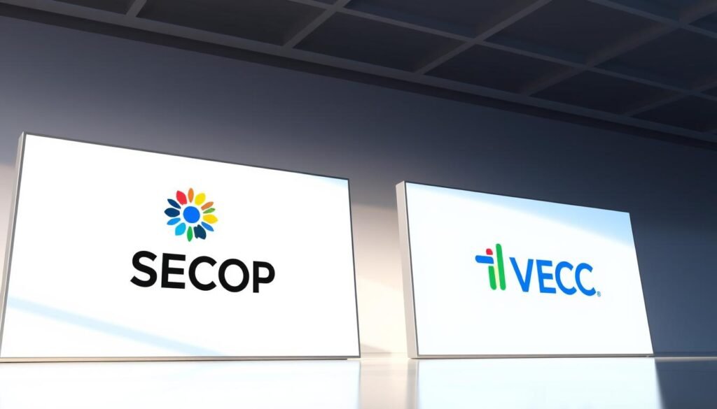 A high-quality digital illustration depicting the official logos and branding of the Colombian government procurement platforms SECOP (Sistema Electrónico de Contratación Pública) and TVEC (Tienda Virtual del Estado Colombiano). The scene features the logos prominently displayed on large, sleek display screens or interfaces, with a clean, minimalist background that conveys a sense of professionalism and modernity associated with government contracting and compliance. Soft, directional lighting from the side casts subtle shadows, highlighting the three-dimensional forms of the logos and creating depth. The overall mood is one of authority, transparency, and technological sophistication in the public procurement sector. A high-quality digital illustration depicting the official logos and branding of the Colombian government procurement platforms SECOP (Sistema Electrónico de Contratación Pública) and TVEC (Tienda Virtual del Estado Colombiano). The scene features the logos prominently displayed on large, sleek display screens or interfaces, with a clean, minimalist background that conveys a sense of professionalism and modernity associated with government contracting and compliance. Soft, directional lighting from the side casts subtle shadows, highlighting the three-dimensional forms of the logos and creating depth. The overall mood is one of authority, transparency, and technological sophistication in the public procurement sector.