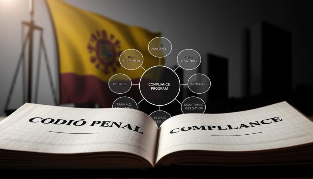 A high-resolution, detailed image of a compliance program for legal entities in Colombia. The foreground shows an open legal book with the title "Código Penal" (Criminal Code), representing the legal framework. In the middle ground, a stylized diagram depicts the key elements of a compliance program, such as risk assessment, policies, training, monitoring, and remediation. The background features the Colombian national flag and the silhouette of a corporate building, symbolizing the legal entity context. The lighting is dramatic, with soft shadows and highlights emphasizing the importance of the subject matter. The overall mood is one of professionalism, compliance, and attention to detail. A high-resolution, detailed image of a compliance program for legal entities in Colombia. The foreground shows an open legal book with the title "Código Penal" (Criminal Code), representing the legal framework. In the middle ground, a stylized diagram depicts the key elements of a compliance program, such as risk assessment, policies, training, monitoring, and remediation. The background features the Colombian national flag and the silhouette of a corporate building, symbolizing the legal entity context. The lighting is dramatic, with soft shadows and highlights emphasizing the importance of the subject matter. The overall mood is one of professionalism, compliance, and attention to detail.