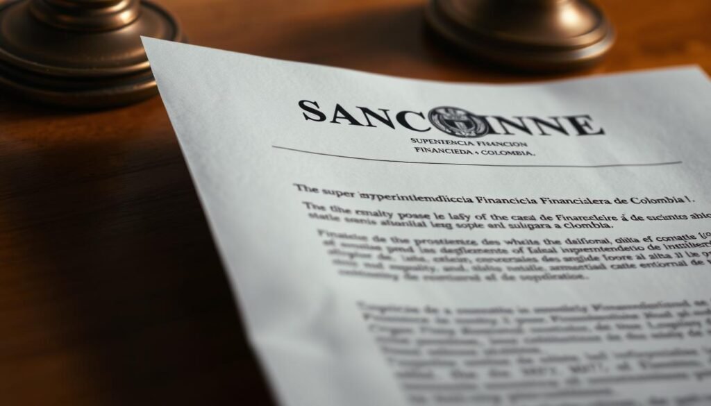 A high-resolution, detailed image of a financial sanction document, cast in a warm, muted color palette. The document fills the frame, its crisp edges and official seal prominently displayed. Subtle highlights and shadows accentuate the texture of the paper, conveying a sense of authority and weight. The background is blurred, placing the sanction in sharp focus, inviting the viewer to examine its contents closely. The overall composition suggests the gravity and importance of the financial penalty imposed by the Superintendencia Financiera de Colombia. A high-resolution, detailed image of a financial sanction document, cast in a warm, muted color palette. The document fills the frame, its crisp edges and official seal prominently displayed. Subtle highlights and shadows accentuate the texture of the paper, conveying a sense of authority and weight. The background is blurred, placing the sanction in sharp focus, inviting the viewer to examine its contents closely. The overall composition suggests the gravity and importance of the financial penalty imposed by the Superintendencia Financiera de Colombia.
