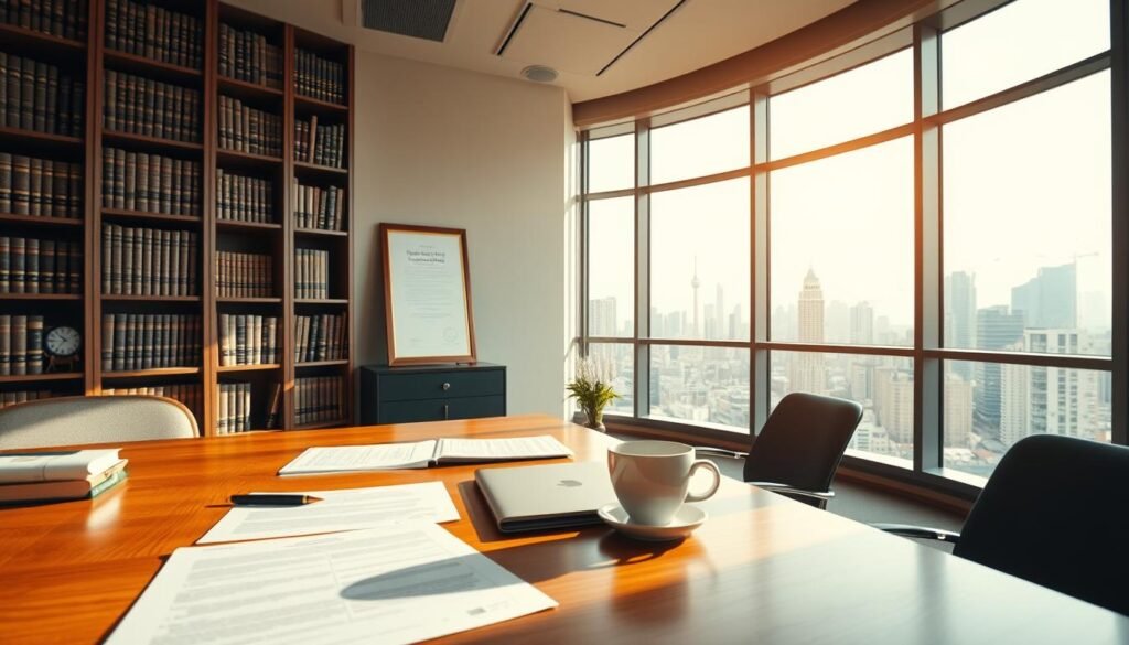 A high-resolution, detailed image of a professional legal workspace showcasing "experiencia sectorial". The foreground features a wooden desk with legal documents, a laptop, and a cup of coffee. In the middle ground, there are bookshelves filled with law books and a framed certificate on the wall. The background depicts a panoramic view of a vibrant city skyline through large windows, conveying a sense of expertise and authority. The lighting is warm and natural, creating a professional and sophisticated atmosphere. The camera angle is slightly elevated, giving the viewer a sense of depth and perspective. A high-resolution, detailed image of a professional legal workspace showcasing "experiencia sectorial". The foreground features a wooden desk with legal documents, a laptop, and a cup of coffee. In the middle ground, there are bookshelves filled with law books and a framed certificate on the wall. The background depicts a panoramic view of a vibrant city skyline through large windows, conveying a sense of expertise and authority. The lighting is warm and natural, creating a professional and sophisticated atmosphere. The camera angle is slightly elevated, giving the viewer a sense of depth and perspective.