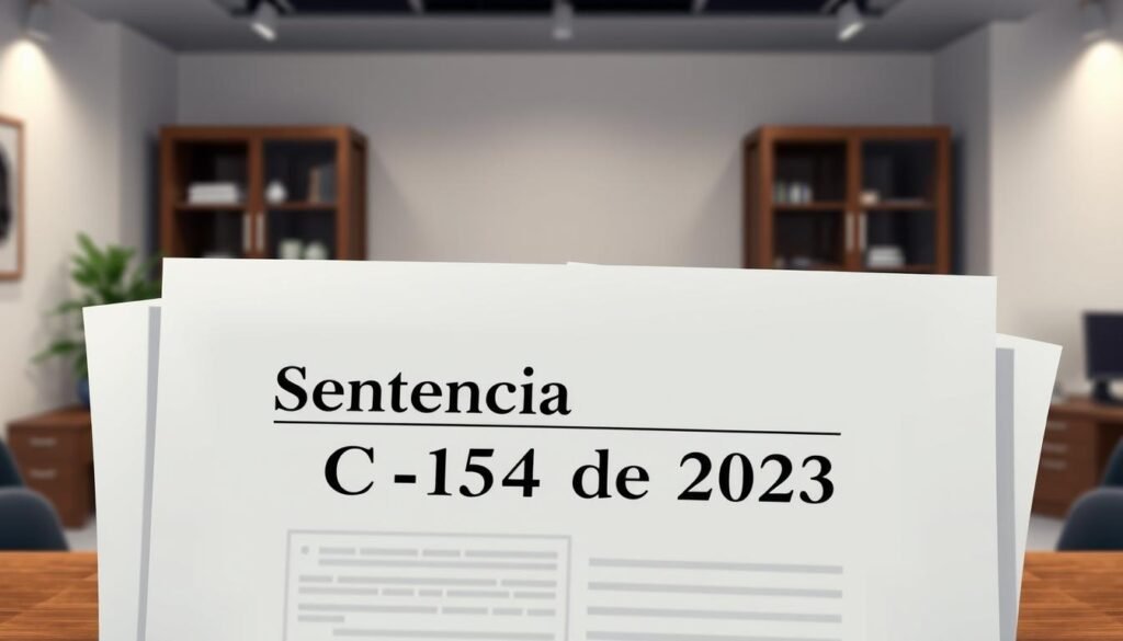 A high-resolution digital illustration of the legal document "Sentencia C-154 de 2023" against a backdrop of a modern, minimalist law office. The document is displayed prominently in the foreground, its pages illuminated by soft, directional lighting that casts subtle shadows across the surface. The middle ground features a partially visible wooden desk, computer monitor, and other office accessories, while the background is filled with a neutral, muted color palette that focuses attention on the central document. The overall composition conveys a sense of professionalism, authority, and the importance of the legal ruling. A high-resolution digital illustration of the legal document "Sentencia C-154 de 2023" against a backdrop of a modern, minimalist law office. The document is displayed prominently in the foreground, its pages illuminated by soft, directional lighting that casts subtle shadows across the surface. The middle ground features a partially visible wooden desk, computer monitor, and other office accessories, while the background is filled with a neutral, muted color palette that focuses attention on the central document. The overall composition conveys a sense of professionalism, authority, and the importance of the legal ruling.