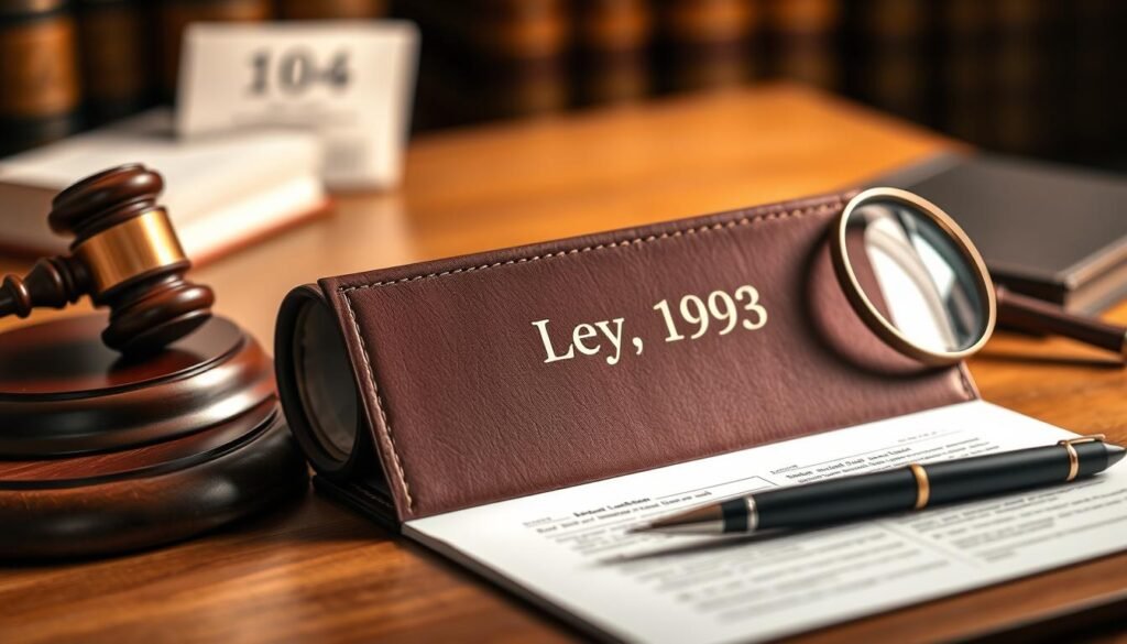 A high-resolution, high-quality image of a leather-bound legal document titled "Ley 1993" against a backdrop of a wooden desk, with a gavel, a magnifying glass, and a pen resting nearby. The lighting is warm and natural, creating a sense of professionalism and authority. The image has a depth of field, with the document in sharp focus and the background elements subtly blurred, drawing the viewer's attention to the central document. The overall tone is one of scholarly precision and attention to detail, reflecting the serious and authoritative nature of the legal subject matter. A high-resolution, high-quality image of a leather-bound legal document titled "Ley 1993" against a backdrop of a wooden desk, with a gavel, a magnifying glass, and a pen resting nearby. The lighting is warm and natural, creating a sense of professionalism and authority. The image has a depth of field, with the document in sharp focus and the background elements subtly blurred, drawing the viewer's attention to the central document. The overall tone is one of scholarly precision and attention to detail, reflecting the serious and authoritative nature of the legal subject matter.