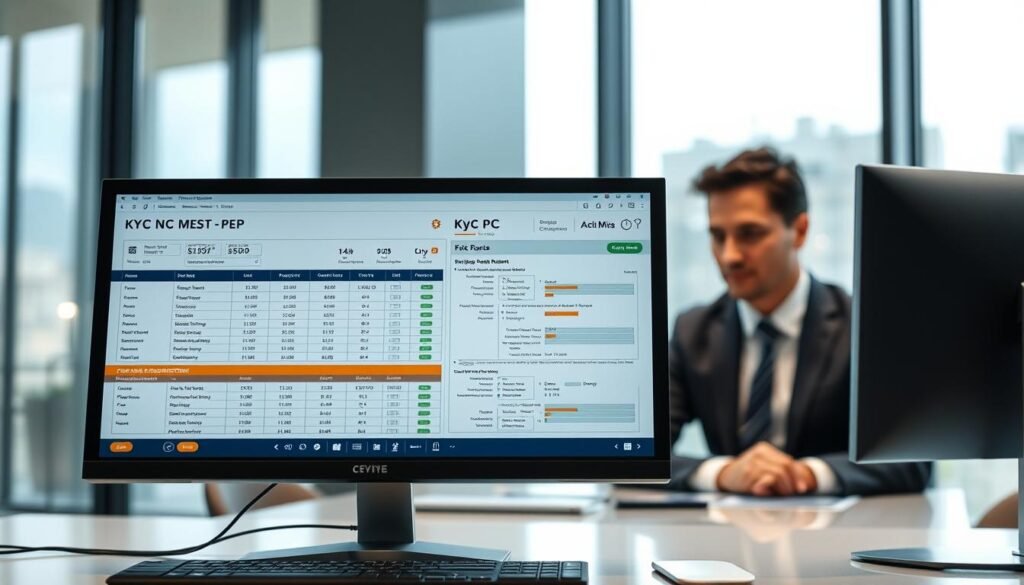 A high-resolution image of a KYC (Know Your Customer) PEP (Politically Exposed Person) screening process in a modern office setting. The foreground features a computer screen displaying a detailed KYC PEP report, with data fields and risk assessment indicators. In the middle ground, a professional-looking employee in business attire is carefully reviewing the information on the screen. The background showcases a sleek, minimalist office interior with floor-to-ceiling windows, providing a sense of corporate efficiency and compliance. The lighting is bright and balanced, casting a professional and authoritative atmosphere. The overall scene conveys the importance of thorough KYC and PEP screening in the context of Colombian state contract management and anti-money laundering efforts. A high-resolution image of a KYC (Know Your Customer) PEP (Politically Exposed Person) screening process in a modern office setting. The foreground features a computer screen displaying a detailed KYC PEP report, with data fields and risk assessment indicators. In the middle ground, a professional-looking employee in business attire is carefully reviewing the information on the screen. The background showcases a sleek, minimalist office interior with floor-to-ceiling windows, providing a sense of corporate efficiency and compliance. The lighting is bright and balanced, casting a professional and authoritative atmosphere. The overall scene conveys the importance of thorough KYC and PEP screening in the context of Colombian state contract management and anti-money laundering efforts.
