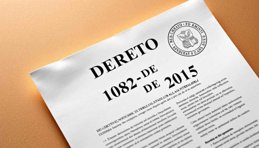 A high-resolution image of a legal document titled "DECRETO 1082 DE 2015" against a muted, professional background. The document pages are crisp and clearly legible, with a subtle embossed government seal in the top right corner. Warm side lighting casts gentle shadows, highlighting the textured surface of the paper. The composition is balanced, with the document taking up the majority of the frame, surrounded by a tasteful amount of negative space. The overall mood is one of authority, precision, and the gravitas of government regulation. A high-resolution image of a legal document titled "DECRETO 1082 DE 2015" against a muted, professional background. The document pages are crisp and clearly legible, with a subtle embossed government seal in the top right corner. Warm side lighting casts gentle shadows, highlighting the textured surface of the paper. The composition is balanced, with the document taking up the majority of the frame, surrounded by a tasteful amount of negative space. The overall mood is one of authority, precision, and the gravitas of government regulation.