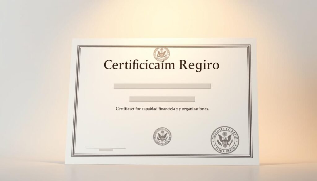 A high-resolution, photorealistic image of an official government certificate or document, titled "Certificación Registro", with a clean, minimalist design. The certificate is positioned prominently in the foreground, with a soft, warm lighting illuminating the crisp, detailed text and official seals or emblems. The background is a neutral, muted tone, allowing the certificate to be the central focus. The overall composition conveys a sense of professionalism, authority, and reliability, suitable for illustrating a section on "Document checklist for capacidad financiera y organizacional" in an article about state contract requirements in Colombia. A high-resolution, photorealistic image of an official government certificate or document, titled "Certificación Registro", with a clean, minimalist design. The certificate is positioned prominently in the foreground, with a soft, warm lighting illuminating the crisp, detailed text and official seals or emblems. The background is a neutral, muted tone, allowing the certificate to be the central focus. The overall composition conveys a sense of professionalism, authority, and reliability, suitable for illustrating a section on "Document checklist for capacidad financiera y organizacional" in an article about state contract requirements in Colombia.