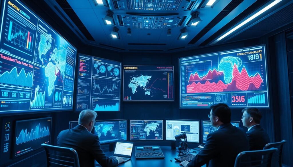 A high-tech monitoring command center with multiple holographic displays showcasing real-time transaction data, algorithms analyzing patterns and anomalies. Futuristic 3D graphs, charts, and heat maps pulse with activity against a backdrop of sleek, minimalist architecture. Authoritative figures in business attire huddle around the screens, expressions intense as they scrutinize the digital surveillance. Soft blue lighting casts an aura of professionalism and vigilance, while the overall scene conveys a sense of diligence in thwarting financial crimes. A high-tech monitoring command center with multiple holographic displays showcasing real-time transaction data, algorithms analyzing patterns and anomalies. Futuristic 3D graphs, charts, and heat maps pulse with activity against a backdrop of sleek, minimalist architecture. Authoritative figures in business attire huddle around the screens, expressions intense as they scrutinize the digital surveillance. Soft blue lighting casts an aura of professionalism and vigilance, while the overall scene conveys a sense of diligence in thwarting financial crimes.