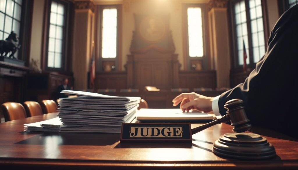 A judge's desk in a well-lit courtroom, with a nameplate reading "JUDGE" prominently displayed. Stacks of legal documents and a gavel are placed neatly on the desk, conveying a sense of authority and diligence. The judge's hands are poised over the documents, suggesting the careful consideration of a critical decision. The room is bathed in a warm, natural light filtering through large windows, creating a mood of thoughtful deliberation. The background features the silhouettes of the courtroom's architecture, with subtle details hinting at the gravity and significance of the judicial process. A judge's desk in a well-lit courtroom, with a nameplate reading "JUDGE" prominently displayed. Stacks of legal documents and a gavel are placed neatly on the desk, conveying a sense of authority and diligence. The judge's hands are poised over the documents, suggesting the careful consideration of a critical decision. The room is bathed in a warm, natural light filtering through large windows, creating a mood of thoughtful deliberation. The background features the silhouettes of the courtroom's architecture, with subtle details hinting at the gravity and significance of the judicial process.