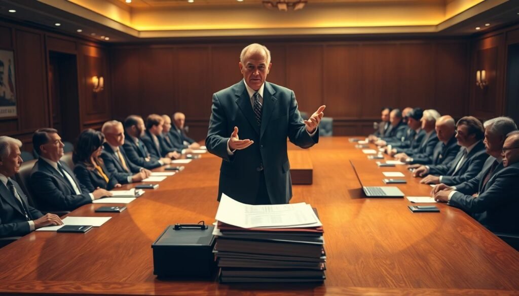 A large conference room with a long wooden table, surrounded by serious-looking government officials in professional attire. Warm, directional lighting illuminates the scene, casting dramatic shadows. In the foreground, a stern-faced official stands, gesturing authoritatively as they lecture the group. The middle ground features a stack of documents and a laptop, symbolizing the administrative processes being discussed. The background is slightly blurred, hinting at the gravity and importance of the sanctioning proceedings. The overall atmosphere conveys a sense of gravitas, formality, and high-stakes decision-making. A large conference room with a long wooden table, surrounded by serious-looking government officials in professional attire. Warm, directional lighting illuminates the scene, casting dramatic shadows. In the foreground, a stern-faced official stands, gesturing authoritatively as they lecture the group. The middle ground features a stack of documents and a laptop, symbolizing the administrative processes being discussed. The background is slightly blurred, hinting at the gravity and importance of the sanctioning proceedings. The overall atmosphere conveys a sense of gravitas, formality, and high-stakes decision-making.
