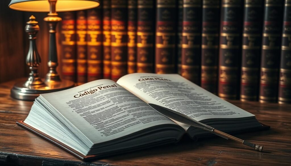 A large, leather-bound book with the title "Código Penal" (Criminal Code) in gold foil lettering sits on a weathered wooden desk. The book is open, revealing pages filled with dense legal text, with a quill pen resting nearby. In the background, a row of similar law books lines a bookshelf, casting soft shadows under the glow of a vintage desk lamp. The scene evokes a sense of authority, tradition, and the gravity of the subject matter - corporate criminal liability in the legal system. A large, leather-bound book with the title "Código Penal" (Criminal Code) in gold foil lettering sits on a weathered wooden desk. The book is open, revealing pages filled with dense legal text, with a quill pen resting nearby. In the background, a row of similar law books lines a bookshelf, casting soft shadows under the glow of a vintage desk lamp. The scene evokes a sense of authority, tradition, and the gravity of the subject matter - corporate criminal liability in the legal system.