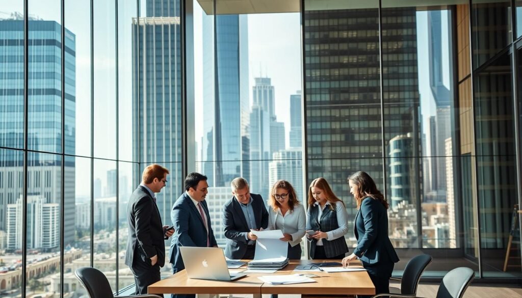 A large, modern office building with clean, minimalist architecture and a glass façade that reflects the surrounding urban landscape. In the foreground, a group of professional-looking people in business attire are gathered, studying documents and conversing animatedly. The middle ground depicts a table with a laptop, papers, and other materials related to public bidding processes. The background showcases a cityscape with tall skyscrapers and a vibrant, bustling atmosphere. The lighting is warm and natural, creating a sense of productivity and focus. The overall scene conveys the preparation and diligence required for public procurement processes. A large, modern office building with clean, minimalist architecture and a glass façade that reflects the surrounding urban landscape. In the foreground, a group of professional-looking people in business attire are gathered, studying documents and conversing animatedly. The middle ground depicts a table with a laptop, papers, and other materials related to public bidding processes. The background showcases a cityscape with tall skyscrapers and a vibrant, bustling atmosphere. The lighting is warm and natural, creating a sense of productivity and focus. The overall scene conveys the preparation and diligence required for public procurement processes.