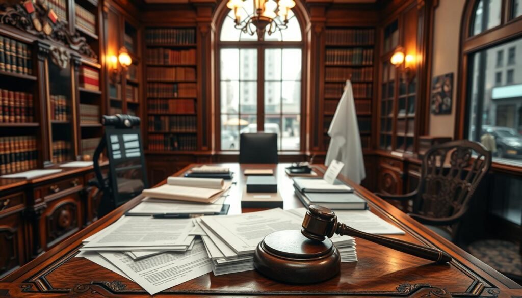 A large ornate wooden desk, its surface cluttered with legal documents, contracts, and a desktop computer. In the foreground, a gavel rests on a stack of files, symbolic of the administrative judiciary process. Overhead, warm lighting casts a focused glow, creating a serious, contemplative atmosphere. The middle ground features a towering bookshelf filled with legal tomes, representing the depth of knowledge required. In the background, a window offers a view of a bustling city street, hinting at the real-world implications of administrative law. The composition conveys the weight and gravity of the "contencioso administrativo" - the resolution of disputes between citizens and the state. A large ornate wooden desk, its surface cluttered with legal documents, contracts, and a desktop computer. In the foreground, a gavel rests on a stack of files, symbolic of the administrative judiciary process. Overhead, warm lighting casts a focused glow, creating a serious, contemplative atmosphere. The middle ground features a towering bookshelf filled with legal tomes, representing the depth of knowledge required. In the background, a window offers a view of a bustling city street, hinting at the real-world implications of administrative law. The composition conveys the weight and gravity of the "contencioso administrativo" - the resolution of disputes between citizens and the state.