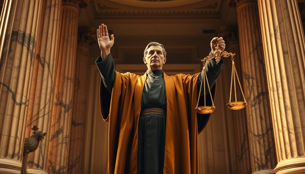A majestic and allegorical representation of "tutela judicial efectiva" (effective judicial protection). Set against a backdrop of towering marble columns and ornate architecture, a robed figure stands tall, one hand raised in a gesture of authority and justice, the other holding a balanced scale. The figure's gaze is stern yet compassionate, emanating a sense of unwavering dedication to the rule of law. Warm, diffused lighting casts a golden glow, imbuing the scene with a sense of gravitas and solemnity. The composition evokes a profound respect for the principles of due process, equity, and the uncompromising pursuit of fair and impartial justice. A majestic and allegorical representation of "tutela judicial efectiva" (effective judicial protection). Set against a backdrop of towering marble columns and ornate architecture, a robed figure stands tall, one hand raised in a gesture of authority and justice, the other holding a balanced scale. The figure's gaze is stern yet compassionate, emanating a sense of unwavering dedication to the rule of law. Warm, diffused lighting casts a golden glow, imbuing the scene with a sense of gravitas and solemnity. The composition evokes a profound respect for the principles of due process, equity, and the uncompromising pursuit of fair and impartial justice.