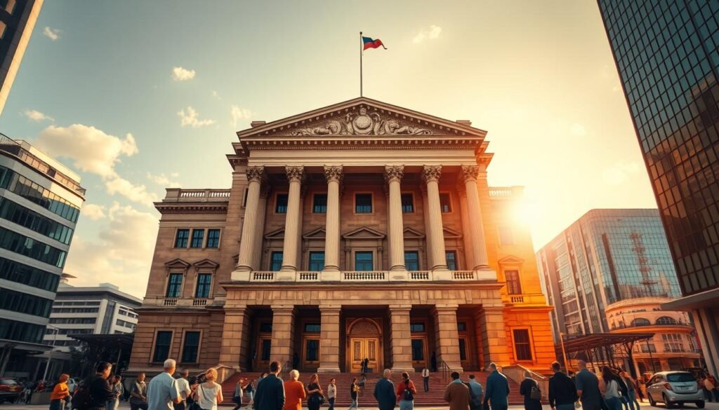 A majestic government building stands tall, its classical architecture and towering columns conveying a sense of authority and bureaucratic grandeur. The sun casts warm, golden light across the facade, highlighting the intricate details of the stonework. In the foreground, a small group of people gather, their postures and expressions suggesting a sense of solemnity and seriousness as they interact with the institution. The surrounding environment is a bustling urban landscape, with modern office buildings and infrastructure framing the scene, creating a contrast between the old and the new. The overall atmosphere evokes a sense of the weight and gravity of Colombia's regulatory processes, where the decisions made within these hallowed halls can have profound impacts on businesses and individuals alike. A majestic government building stands tall, its classical architecture and towering columns conveying a sense of authority and bureaucratic grandeur. The sun casts warm, golden light across the facade, highlighting the intricate details of the stonework. In the foreground, a small group of people gather, their postures and expressions suggesting a sense of solemnity and seriousness as they interact with the institution. The surrounding environment is a bustling urban landscape, with modern office buildings and infrastructure framing the scene, creating a contrast between the old and the new. The overall atmosphere evokes a sense of the weight and gravity of Colombia's regulatory processes, where the decisions made within these hallowed halls can have profound impacts on businesses and individuals alike.