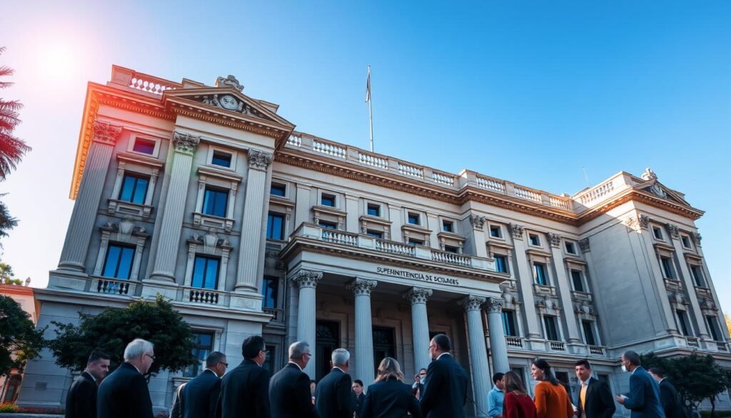 A majestic government building, the headquarters of Superintendencia de Sociedades, stands tall and imposing against a clear blue sky. The facade is adorned with intricate architectural details, columns, and a grand entrance. Sunlight filters through the windows, casting warm, natural lighting across the scene. In the foreground, a group of well-dressed professionals gathers, discussing important matters related to corporate restructuring. The mood is one of professionalism and authority, reflecting the weight and significance of the decisions made within these walls. The overall composition conveys a sense of the gravity and formality associated with the processes of the Superintendencia de Sociedades. A majestic government building, the headquarters of Superintendencia de Sociedades, stands tall and imposing against a clear blue sky. The facade is adorned with intricate architectural details, columns, and a grand entrance. Sunlight filters through the windows, casting warm, natural lighting across the scene. In the foreground, a group of well-dressed professionals gathers, discussing important matters related to corporate restructuring. The mood is one of professionalism and authority, reflecting the weight and significance of the decisions made within these walls. The overall composition conveys a sense of the gravity and formality associated with the processes of the Superintendencia de Sociedades.