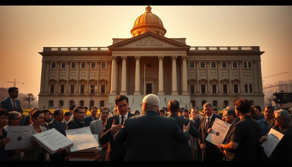 A majestic governmental building, its grand facade illuminated by warm, golden sunlight, symbolizing the power and authority of the state. In the foreground, a group of people stand in a tense standoff, gesturing animatedly, their expressions conveying a sense of unease and anticipation. The middle ground features a maze of legal documents, contracts, and official seals, hinting at the complex bureaucratic processes underlying the "terminación anticipada contratos estatales" - the premature termination of state contracts. The background is a hazy skyline, suggesting the broader sociopolitical context in which these events unfold. The scene is captured with a cinematic, high-contrast photographic style, evoking a sense of drama and importance. A majestic governmental building, its grand facade illuminated by warm, golden sunlight, symbolizing the power and authority of the state. In the foreground, a group of people stand in a tense standoff, gesturing animatedly, their expressions conveying a sense of unease and anticipation. The middle ground features a maze of legal documents, contracts, and official seals, hinting at the complex bureaucratic processes underlying the "terminación anticipada contratos estatales" - the premature termination of state contracts. The background is a hazy skyline, suggesting the broader sociopolitical context in which these events unfold. The scene is captured with a cinematic, high-contrast photographic style, evoking a sense of drama and importance.