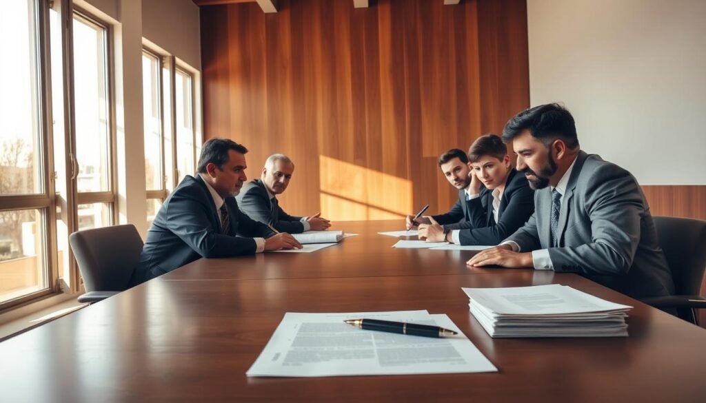 A meeting room with a long table, around which several well-dressed individuals sit, engaged in serious discussion. Sunlight streams in through large windows, casting a warm glow on the scene. The faces of the participants convey a mix of determination and compromise, as they negotiate the terms of a business restructuring. In the foreground, a stack of documents and a pen lie on the table, symbolizing the important decisions being made. The atmosphere is tense yet professional, reflecting the high stakes involved in this crucial "acreedores" meeting. A meeting room with a long table, around which several well-dressed individuals sit, engaged in serious discussion. Sunlight streams in through large windows, casting a warm glow on the scene. The faces of the participants convey a mix of determination and compromise, as they negotiate the terms of a business restructuring. In the foreground, a stack of documents and a pen lie on the table, symbolizing the important decisions being made. The atmosphere is tense yet professional, reflecting the high stakes involved in this crucial "acreedores" meeting.