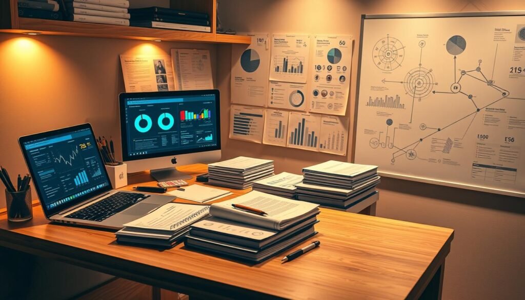 A meticulously crafted study nook, illuminated by warm, directional lighting, showcases an array of tools and data visualizations. In the foreground, a sleek laptop and a stack of documents sit atop a minimalist wooden desk, surrounded by a variety of writing implements and a compact, high-resolution monitor displaying intricate ESG metrics. The middle ground features a series of binders and files, neatly arranged, conveying a sense of organized, thorough due diligence. In the background, a large whiteboard or wall-mounted display presents interconnected insights, charts, and analysis, creating an atmosphere of collaborative, data-driven decision-making. A meticulously crafted study nook, illuminated by warm, directional lighting, showcases an array of tools and data visualizations. In the foreground, a sleek laptop and a stack of documents sit atop a minimalist wooden desk, surrounded by a variety of writing implements and a compact, high-resolution monitor displaying intricate ESG metrics. The middle ground features a series of binders and files, neatly arranged, conveying a sense of organized, thorough due diligence. In the background, a large whiteboard or wall-mounted display presents interconnected insights, charts, and analysis, creating an atmosphere of collaborative, data-driven decision-making.