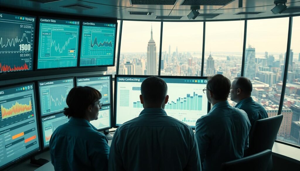 A meticulously detailed data observatory, its multiple screens displaying real-time visualizations of state contracting metrics. In the foreground, a team of analysts intently examining the data, their expressions focused and contemplative. Soft, diffused lighting illuminates the scene, creating a sense of professionalism and analytical rigor. The middle ground features a large, interactive dashboard, its intuitive interface allowing for seamless exploration of the data. In the background, a panoramic view of the city skyline, a reminder of the broader context in which this collaborative oversight takes place. The overall atmosphere conveys a balance of technological sophistication and human insight, reflecting the core principles of transparency and accountability. A meticulously detailed data observatory, its multiple screens displaying real-time visualizations of state contracting metrics. In the foreground, a team of analysts intently examining the data, their expressions focused and contemplative. Soft, diffused lighting illuminates the scene, creating a sense of professionalism and analytical rigor. The middle ground features a large, interactive dashboard, its intuitive interface allowing for seamless exploration of the data. In the background, a panoramic view of the city skyline, a reminder of the broader context in which this collaborative oversight takes place. The overall atmosphere conveys a balance of technological sophistication and human insight, reflecting the core principles of transparency and accountability.