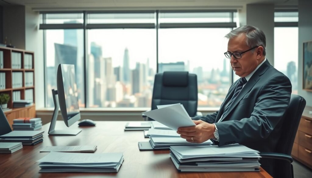 A meticulously organized office setting, with a large wooden desk, a desktop computer, and neatly stacked documents and files. In the foreground, a senior financial professional in a tailored suit is reviewing paperwork, their expression one of focused concentration. Behind them, a large window offers a scenic view of a bustling financial district, with towering skyscrapers and a vibrant urban landscape. Soft, indirect lighting casts a warm, professional ambiance throughout the space, complementing the serious yet authoritative mood. The overall composition conveys a sense of diligent supervision and meticulous attention to detail, perfectly capturing the essence of "inspecciones and requerimientos supervisión" within the context of the financial industry. A meticulously organized office setting, with a large wooden desk, a desktop computer, and neatly stacked documents and files. In the foreground, a senior financial professional in a tailored suit is reviewing paperwork, their expression one of focused concentration. Behind them, a large window offers a scenic view of a bustling financial district, with towering skyscrapers and a vibrant urban landscape. Soft, indirect lighting casts a warm, professional ambiance throughout the space, complementing the serious yet authoritative mood. The overall composition conveys a sense of diligent supervision and meticulous attention to detail, perfectly capturing the essence of "inspecciones and requerimientos supervisión" within the context of the financial industry.