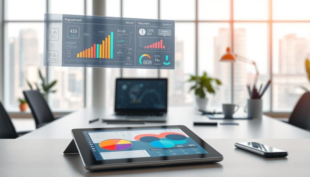 A meticulously rendered scene of modern procurement tools and technologies. In the foreground, a sleek tablet device displays an interactive dashboard with colorful data visualizations. Floating above it, holographic projections of graphs, charts, and analytics. In the middle ground, a laptop and smartphone sit atop a minimalist desk, surrounded by ergonomic office supplies. The background reveals a bright, airy workspace with floor-to-ceiling windows, filled with natural light and a cityscape view. The overall atmosphere conveys a sense of efficiency, innovation, and data-driven decision making, perfectly suited for the "inteligencia artificial contratación pública" theme. A meticulously rendered scene of modern procurement tools and technologies. In the foreground, a sleek tablet device displays an interactive dashboard with colorful data visualizations. Floating above it, holographic projections of graphs, charts, and analytics. In the middle ground, a laptop and smartphone sit atop a minimalist desk, surrounded by ergonomic office supplies. The background reveals a bright, airy workspace with floor-to-ceiling windows, filled with natural light and a cityscape view. The overall atmosphere conveys a sense of efficiency, innovation, and data-driven decision making, perfectly suited for the "inteligencia artificial contratación pública" theme.