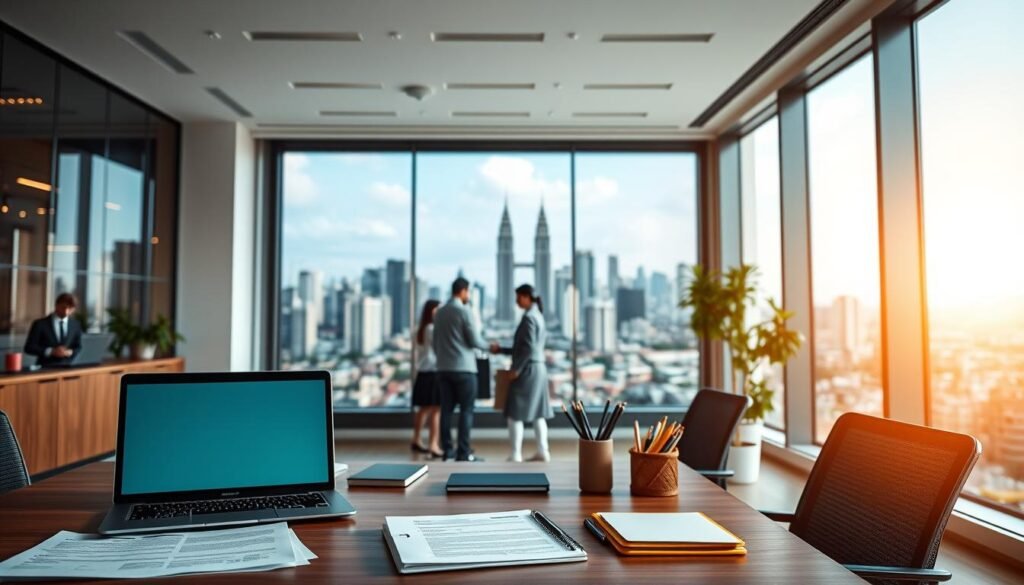 A modern administrative office setting, with a clean and minimalist aesthetic. In the foreground, a desk with a laptop, tablet, and neatly organized stationery, representing the digitization of paperwork. The middle ground features a group of people collaborating around a large interactive display, showcasing the integration of technology into administrative processes. The background depicts a panoramic view of a dynamic, bustling city skyline, symbolizing the urban context and the larger scale of Colombia's state contracting and sanctioning procedures. The scene is bathed in warm, natural lighting, creating a professional and productive atmosphere. A modern administrative office setting, with a clean and minimalist aesthetic. In the foreground, a desk with a laptop, tablet, and neatly organized stationery, representing the digitization of paperwork. The middle ground features a group of people collaborating around a large interactive display, showcasing the integration of technology into administrative processes. The background depicts a panoramic view of a dynamic, bustling city skyline, symbolizing the urban context and the larger scale of Colombia's state contracting and sanctioning procedures. The scene is bathed in warm, natural lighting, creating a professional and productive atmosphere.