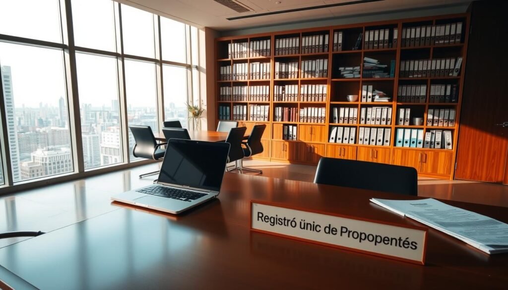 A modern and professional-looking office interior, with a large desk in the foreground featuring a laptop, documents, and a nameplate reading "Registro Único de Proponentes". In the middle ground, a bookshelf filled with binders and legal documents, along with a conference table surrounded by chairs. The background showcases floor-to-ceiling windows overlooking a cityscape, bathing the scene in warm, natural lighting. The overall atmosphere conveys a sense of authority, diligence, and compliance in the context of state contracting processes.