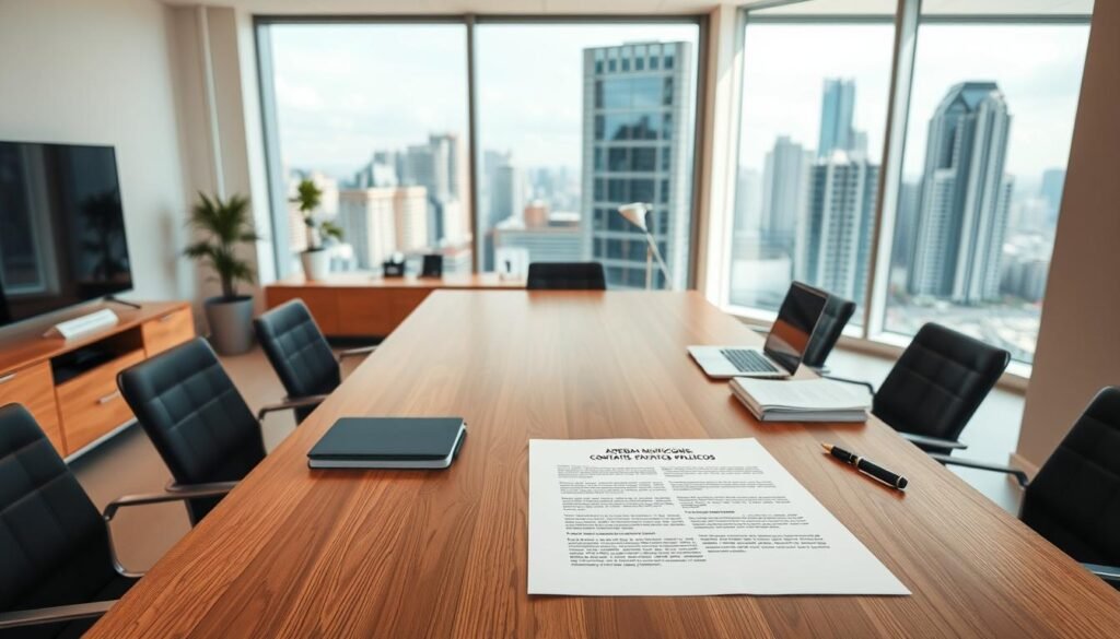 A modern, clean-lined office interior with warm lighting and minimalist furnishings. In the foreground, a large wooden desk dominates the scene, its surface meticulously organized with stacks of paperwork, a laptop, and a few professional-looking writing instruments. On the desk, a crisp contract document is laid out, its title "Adendas Modificaciones Contratos Públicos" visible. Behind the desk, a floor-to-ceiling window offers a view of a bustling city skyline, infusing the space with a sense of professionalism and forward momentum. The overall atmosphere conveys a balance of practicality and attention to detail, reflecting the "Limits, principles, and risk management in public contracting modifications" theme. A modern, clean-lined office interior with warm lighting and minimalist furnishings. In the foreground, a large wooden desk dominates the scene, its surface meticulously organized with stacks of paperwork, a laptop, and a few professional-looking writing instruments. On the desk, a crisp contract document is laid out, its title "Adendas Modificaciones Contratos Públicos" visible. Behind the desk, a floor-to-ceiling window offers a view of a bustling city skyline, infusing the space with a sense of professionalism and forward momentum. The overall atmosphere conveys a balance of practicality and attention to detail, reflecting the "Limits, principles, and risk management in public contracting modifications" theme.