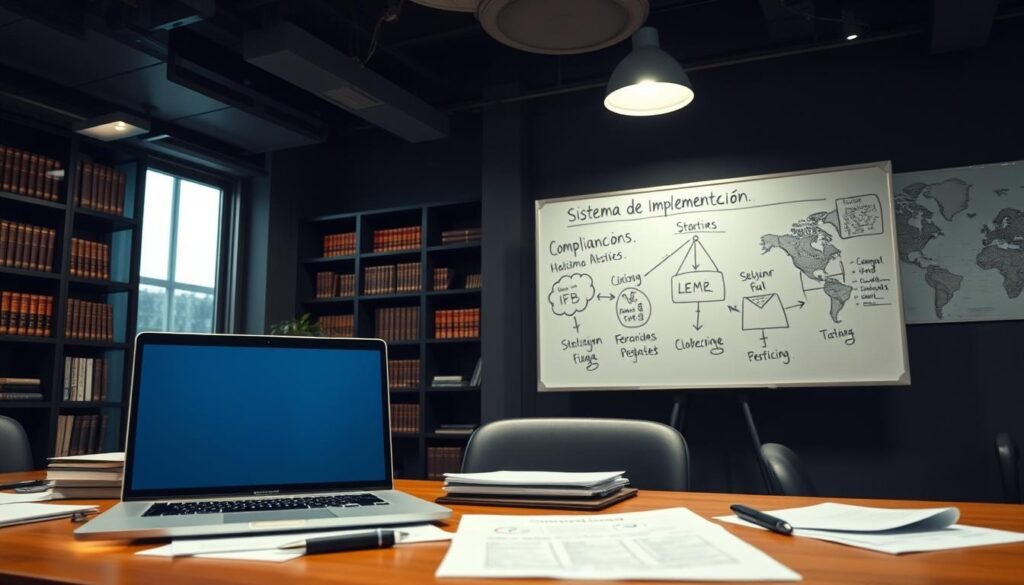 A modern corporate office interior, dimly lit with warm overhead lighting. In the foreground, a desk with a laptop, various papers and folders, and a strategically placed compliance checklist. The middle ground features a whiteboard with handwritten notes and diagrams, visualizing the "sistema de implementación" - the implementation process for compliance in state contracting. In the background, bookshelves filled with legal tomes and a world map, hinting at the global nature of the compliance efforts. The atmosphere is one of focused determination, with a sense of order and structure guiding the implementation of this critical business process. A modern corporate office interior, dimly lit with warm overhead lighting. In the foreground, a desk with a laptop, various papers and folders, and a strategically placed compliance checklist. The middle ground features a whiteboard with handwritten notes and diagrams, visualizing the "sistema de implementación" - the implementation process for compliance in state contracting. In the background, bookshelves filled with legal tomes and a world map, hinting at the global nature of the compliance efforts. The atmosphere is one of focused determination, with a sense of order and structure guiding the implementation of this critical business process.