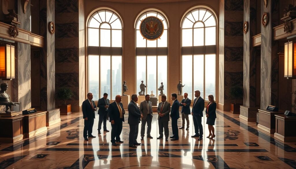 A modern courthouse interior, featuring a grand marble entryway and tall arched windows illuminating the lobby. In the foreground, a group of government officials and business representatives discuss legal contracts, their expressions serious yet engaged. The middle ground showcases government seals, statues, and ornate architectural details, conveying a sense of authority and tradition. The background depicts a sweeping view of the city skyline through the windows, hinting at the broader legal and economic landscape. The lighting is warm yet professional, casting a sense of gravitas over the scene. The overall atmosphere is one of considered deliberation, as the subjects navigate the nuanced framework of public procurement law in Colombia. A modern courthouse interior, featuring a grand marble entryway and tall arched windows illuminating the lobby. In the foreground, a group of government officials and business representatives discuss legal contracts, their expressions serious yet engaged. The middle ground showcases government seals, statues, and ornate architectural details, conveying a sense of authority and tradition. The background depicts a sweeping view of the city skyline through the windows, hinting at the broader legal and economic landscape. The lighting is warm yet professional, casting a sense of gravitas over the scene. The overall atmosphere is one of considered deliberation, as the subjects navigate the nuanced framework of public procurement law in Colombia.