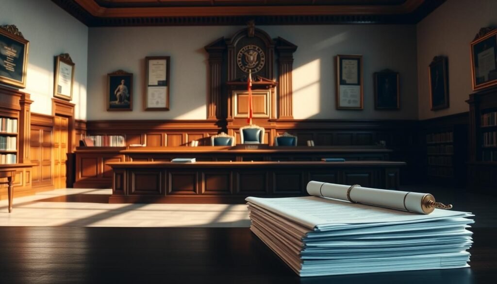 A modern courtroom interior, with a large wooden desk and ornate chairs representing governmental authority. The walls are adorned with legal books and framed documents, evoking the principles of due process and the rule of law. Soft, indirect lighting casts long shadows, creating a contemplative atmosphere. In the foreground, a stack of legal contracts sits, symbolizing the "principio de legalidad" or the legality principle in government contracting decisions. The overall scene conveys the solemnity and gravity of the decision-making process, as well as the importance of adhering to established legal frameworks. A modern courtroom interior, with a large wooden desk and ornate chairs representing governmental authority. The walls are adorned with legal books and framed documents, evoking the principles of due process and the rule of law. Soft, indirect lighting casts long shadows, creating a contemplative atmosphere. In the foreground, a stack of legal contracts sits, symbolizing the "principio de legalidad" or the legality principle in government contracting decisions. The overall scene conveys the solemnity and gravity of the decision-making process, as well as the importance of adhering to established legal frameworks.
