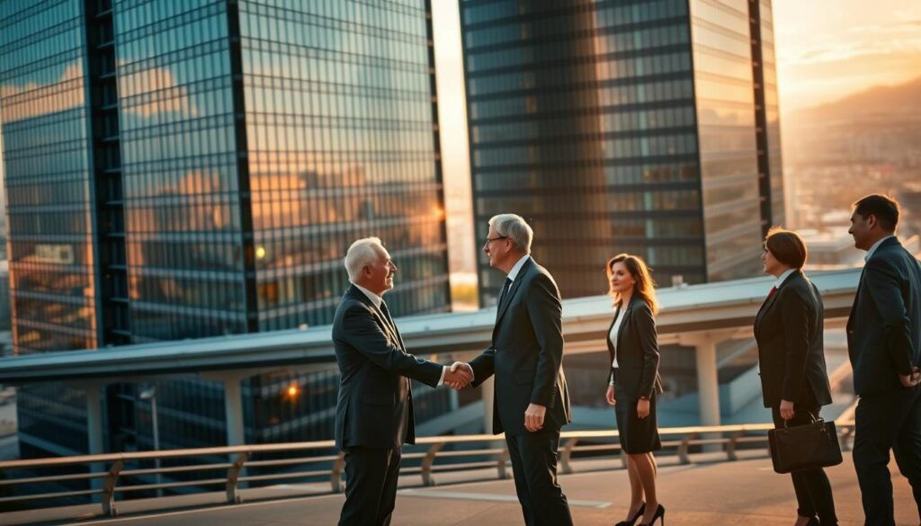 A modern high-rise building with sleek glass facades, representing the advanced infrastructure of a major highway concession project. In the foreground, a group of businesspeople in formal attire are shaking hands, symbolizing the successful negotiation and collaboration between government and private entities. The scene is bathed in warm, directional lighting, casting long shadows that convey a sense of professionalism and authority. The background features a distant cityscape, indicating the scale and impact of the concession initiative. The overall atmosphere exudes confidence, expertise, and the successful execution of a complex public-private partnership. A modern high-rise building with sleek glass facades, representing the advanced infrastructure of a major highway concession project. In the foreground, a group of businesspeople in formal attire are shaking hands, symbolizing the successful negotiation and collaboration between government and private entities. The scene is bathed in warm, directional lighting, casting long shadows that convey a sense of professionalism and authority. The background features a distant cityscape, indicating the scale and impact of the concession initiative. The overall atmosphere exudes confidence, expertise, and the successful execution of a complex public-private partnership.
