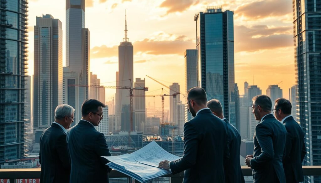 A modern high-rise city skyline with towering skyscrapers, bustling with activity and financial energy. In the foreground, a team of businesspeople in suits poring over documents and blueprints, discussing financing options for a large infrastructure project. The middle ground features cranes and construction equipment, hinting at the ongoing development. In the background, the sky is painted in warm, golden hues, conveying a sense of optimism and opportunity. The scene is captured with a wide-angle lens, emphasizing the grand scale of the infrastructure financing endeavor. The overall mood is one of ambition, innovation, and the collective effort required to bring transformative public-private infrastructure projects to life. A modern high-rise city skyline with towering skyscrapers, bustling with activity and financial energy. In the foreground, a team of businesspeople in suits poring over documents and blueprints, discussing financing options for a large infrastructure project. The middle ground features cranes and construction equipment, hinting at the ongoing development. In the background, the sky is painted in warm, golden hues, conveying a sense of optimism and opportunity. The scene is captured with a wide-angle lens, emphasizing the grand scale of the infrastructure financing endeavor. The overall mood is one of ambition, innovation, and the collective effort required to bring transformative public-private infrastructure projects to life.