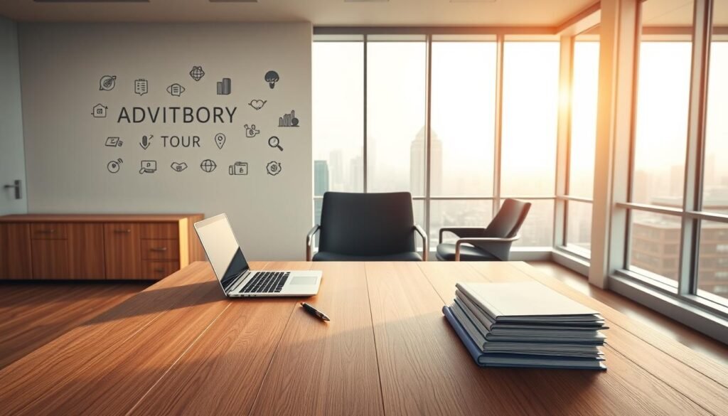 A modern, minimalist office interior with a clean, professional aesthetic. In the foreground, a wooden desk with a laptop, pen, and a few files neatly arranged. On the wall behind the desk, various advisory service icons and infographic elements rendered in a sleek, two-dimensional style. The middle ground features two chairs facing the desk, suggesting a meeting or consultation area. The background showcases large windows overlooking a cityscape, bathed in warm, diffused lighting that creates a sense of openness and clarity. The overall mood is one of efficiency, expertise, and trust, reflecting the subject matter of the article. A modern, minimalist office interior with a clean, professional aesthetic. In the foreground, a wooden desk with a laptop, pen, and a few files neatly arranged. On the wall behind the desk, various advisory service icons and infographic elements rendered in a sleek, two-dimensional style. The middle ground features two chairs facing the desk, suggesting a meeting or consultation area. The background showcases large windows overlooking a cityscape, bathed in warm, diffused lighting that creates a sense of openness and clarity. The overall mood is one of efficiency, expertise, and trust, reflecting the subject matter of the article.
