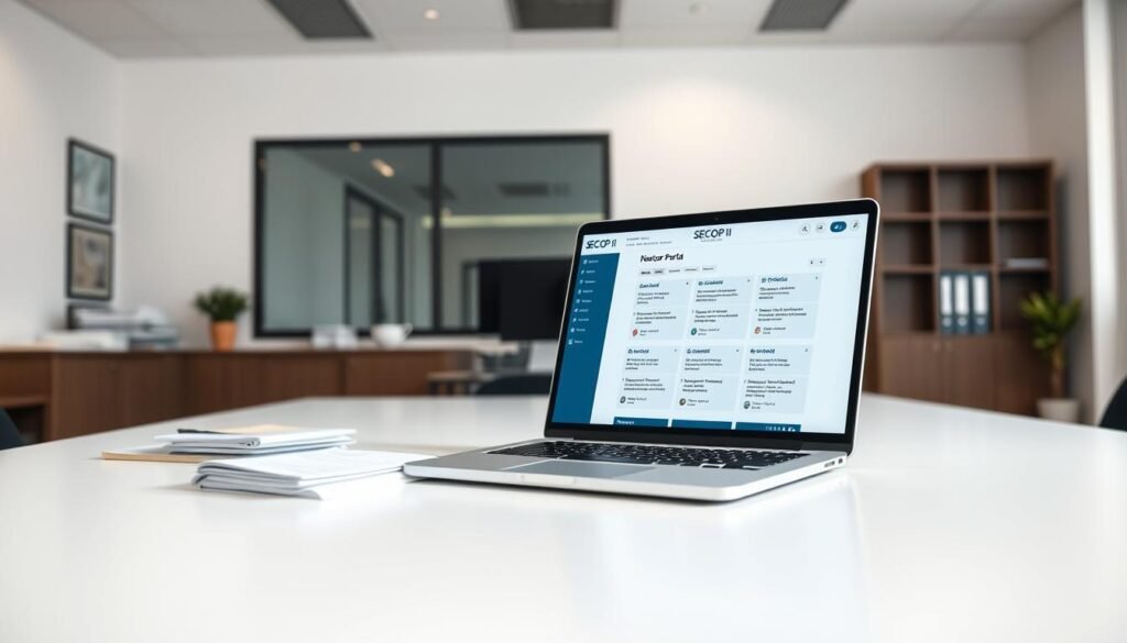 A modern, minimalist office space with a large desk, a computer monitor, and a stack of documents. In the foreground, an open laptop displays the SECOP II portal, showcasing the user interface for participating in government procurement processes. The lighting is bright and clean, with a soft, neutral color palette. The angle is slightly elevated, providing a clear view of the desktop setup. The overall atmosphere conveys a sense of professionalism, efficiency, and digital integration in the public contracting landscape. A modern, minimalist office space with a large desk, a computer monitor, and a stack of documents. In the foreground, an open laptop displays the SECOP II portal, showcasing the user interface for participating in government procurement processes. The lighting is bright and clean, with a soft, neutral color palette. The angle is slightly elevated, providing a clear view of the desktop setup. The overall atmosphere conveys a sense of professionalism, efficiency, and digital integration in the public contracting landscape.