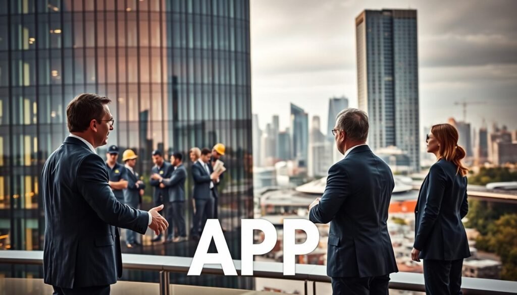 A modern office building with a glass facade, representing a public-private partnership (APP) project. In the foreground, business people in suits shake hands, symbolizing the collaboration between the public and private sectors. The middle ground showcases a team of engineers and architects, poring over blueprints and discussing plans for the development. In the background, a cityscape with skyscrapers and infrastructure projects, hinting at the scope and scale of the APP initiative. Warm, diffused lighting creates a professional, yet approachable atmosphere, capturing the synergy between public and private entities working together to drive economic growth and urban development. A modern office building with a glass facade, representing a public-private partnership (APP) project. In the foreground, business people in suits shake hands, symbolizing the collaboration between the public and private sectors. The middle ground showcases a team of engineers and architects, poring over blueprints and discussing plans for the development. In the background, a cityscape with skyscrapers and infrastructure projects, hinting at the scope and scale of the APP initiative. Warm, diffused lighting creates a professional, yet approachable atmosphere, capturing the synergy between public and private entities working together to drive economic growth and urban development.