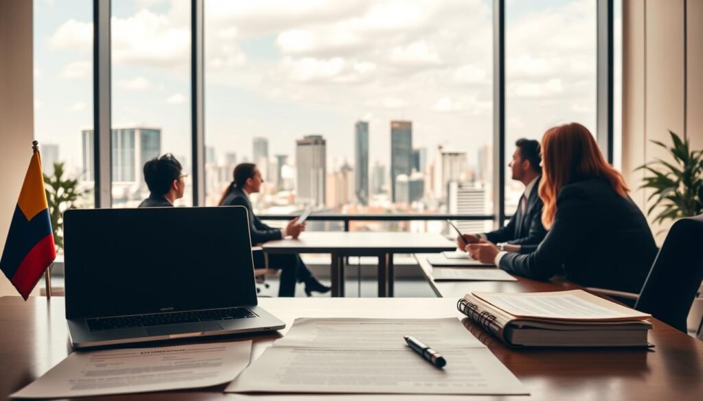 A modern office interior, showcasing the process of government procurement in Colombia. In the foreground, a desk with a laptop, legal documents, and a Colombian flag, symbolizing the regulatory context. The middle ground features a group of professionals in business attire engaged in a meeting, discussing procurement policies and procedures. In the background, a large window overlooking the bustling city skyline, conveying a sense of the broader economic and political landscape. The scene is illuminated by warm, natural lighting, creating a professional and authoritative atmosphere. The overall composition emphasizes the importance of compliance and transparency in the state contracting process. A modern office interior, showcasing the process of government procurement in Colombia. In the foreground, a desk with a laptop, legal documents, and a Colombian flag, symbolizing the regulatory context. The middle ground features a group of professionals in business attire engaged in a meeting, discussing procurement policies and procedures. In the background, a large window overlooking the bustling city skyline, conveying a sense of the broader economic and political landscape. The scene is illuminated by warm, natural lighting, creating a professional and authoritative atmosphere. The overall composition emphasizes the importance of compliance and transparency in the state contracting process.