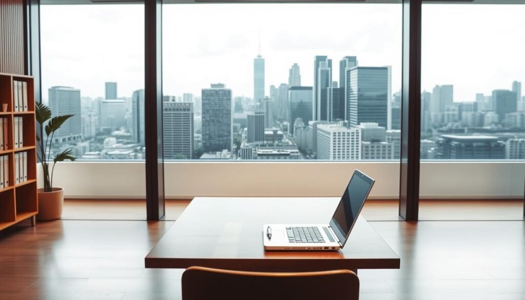 A modern office interior with a clean, professional atmosphere. In the foreground, a simple wooden desk with a laptop, pen, and papers neatly arranged, symbolizing the efficient "selección abreviada" process. The middle ground features a large window overlooking a bustling city skyline, conveying a sense of transparency and public accountability. Soft, indirect lighting creates a warm, welcoming ambiance, while the overall minimalist design reflects the streamlined nature of the "selección abreviada" contracting method. The image should evoke a feeling of trust, reliability, and confidence in the public procurement system. A modern office interior with a clean, professional atmosphere. In the foreground, a simple wooden desk with a laptop, pen, and papers neatly arranged, symbolizing the efficient "selección abreviada" process. The middle ground features a large window overlooking a bustling city skyline, conveying a sense of transparency and public accountability. Soft, indirect lighting creates a warm, welcoming ambiance, while the overall minimalist design reflects the streamlined nature of the "selección abreviada" contracting method. The image should evoke a feeling of trust, reliability, and confidence in the public procurement system.