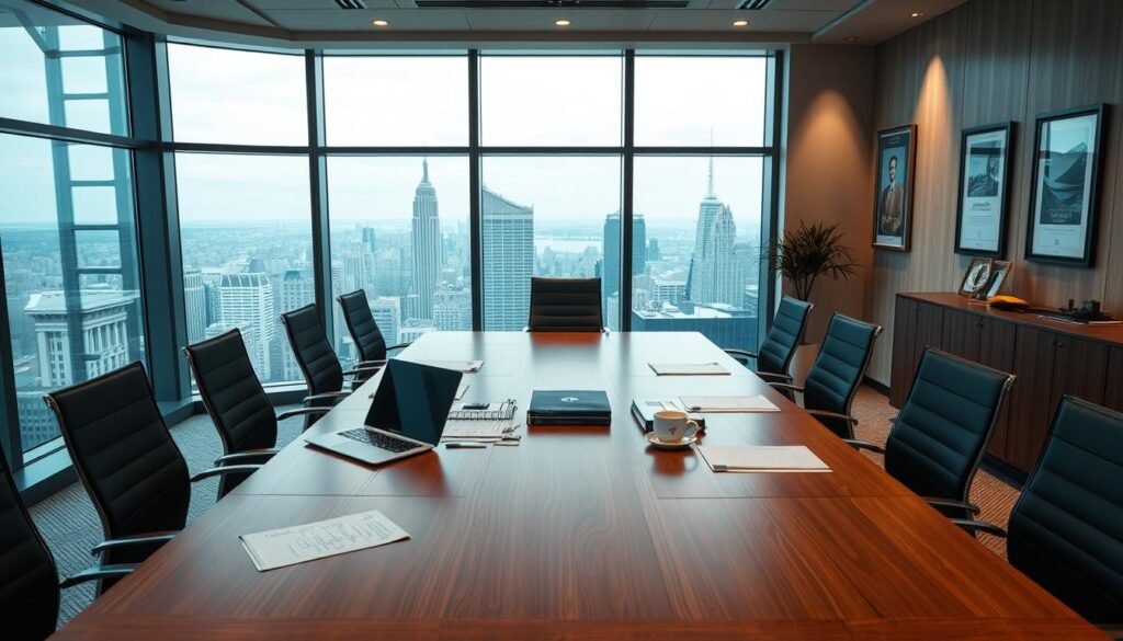 A modern office interior with a large wooden conference table, surrounded by ergonomic chairs. On the table, various documents, a laptop, and a cup of coffee are neatly arranged. The walls are adorned with framed legal certificates and artwork, exuding a professional and refined atmosphere. Warm, indirect lighting casts a soft glow, highlighting the attention to detail. In the background, a large window offers a panoramic view of a bustling cityscape, symbolizing the public nature of the proceedings. The overall scene conveys a sense of thoughtful preparation, expertise, and a commitment to public service. A modern office interior with a large wooden conference table, surrounded by ergonomic chairs. On the table, various documents, a laptop, and a cup of coffee are neatly arranged. The walls are adorned with framed legal certificates and artwork, exuding a professional and refined atmosphere. Warm, indirect lighting casts a soft glow, highlighting the attention to detail. In the background, a large window offers a panoramic view of a bustling cityscape, symbolizing the public nature of the proceedings. The overall scene conveys a sense of thoughtful preparation, expertise, and a commitment to public service.