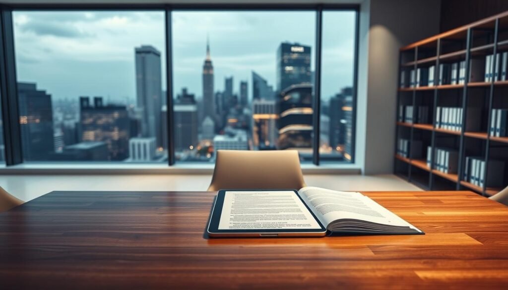 A modern office interior with a sleek, minimalist aesthetic. In the foreground, an elegant wooden desk displays an open legal document and a tablet showcasing a professional services portfolio. The middle ground features a large window overlooking a bustling city skyline, with soft, diffused natural lighting filtering through. In the background, a contemporary bookshelf houses a collection of legal and administrative resources. The overall mood is one of efficiency, expertise, and authority within the field of administrative law. A modern office interior with a sleek, minimalist aesthetic. In the foreground, an elegant wooden desk displays an open legal document and a tablet showcasing a professional services portfolio. The middle ground features a large window overlooking a bustling city skyline, with soft, diffused natural lighting filtering through. In the background, a contemporary bookshelf houses a collection of legal and administrative resources. The overall mood is one of efficiency, expertise, and authority within the field of administrative law.