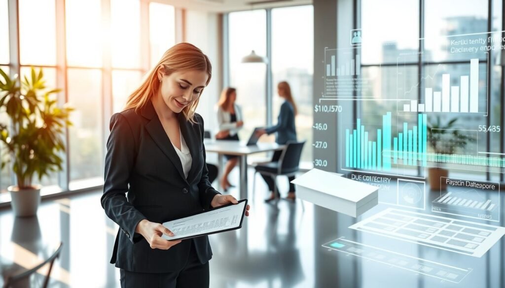 A modern office interior with large windows, bright natural lighting, and a professional atmosphere. In the foreground, a businesswoman in a suit is reviewing documents on a tablet, representing advisory services. In the middle ground, a team of professionals collaborates around a conference table, discussing due diligence processes. The background features abstract visualizations of financial data and legal documents, alluding to the technical aspects of the work. The overall scene conveys a sense of rigor, expertise, and attention to detail, essential for effective public contracting advisory services. A modern office interior with large windows, bright natural lighting, and a professional atmosphere. In the foreground, a businesswoman in a suit is reviewing documents on a tablet, representing advisory services. In the middle ground, a team of professionals collaborates around a conference table, discussing due diligence processes. The background features abstract visualizations of financial data and legal documents, alluding to the technical aspects of the work. The overall scene conveys a sense of rigor, expertise, and attention to detail, essential for effective public contracting advisory services.
