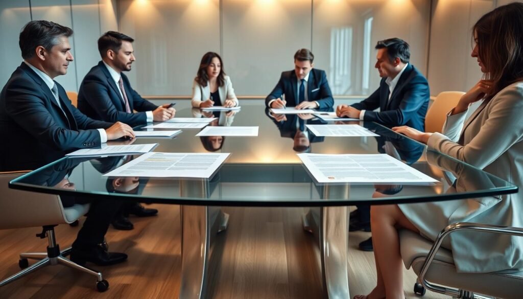 A modern office setting with a transparent conference table at the center, showcasing legal documents and negotiation materials. The background features a professional team of lawyers and government officials discussing contracts with an air of transparency and collaboration. Soft, directional lighting illuminates the scene, casting subtle shadows and highlights on the participants' faces, conveying a sense of seriousness and attention to detail. The overall mood is one of productive discussion and mutual understanding, reflecting the values of transparency and effective public-private partnerships. A modern office setting with a transparent conference table at the center, showcasing legal documents and negotiation materials. The background features a professional team of lawyers and government officials discussing contracts with an air of transparency and collaboration. Soft, directional lighting illuminates the scene, casting subtle shadows and highlights on the participants' faces, conveying a sense of seriousness and attention to detail. The overall mood is one of productive discussion and mutual understanding, reflecting the values of transparency and effective public-private partnerships.