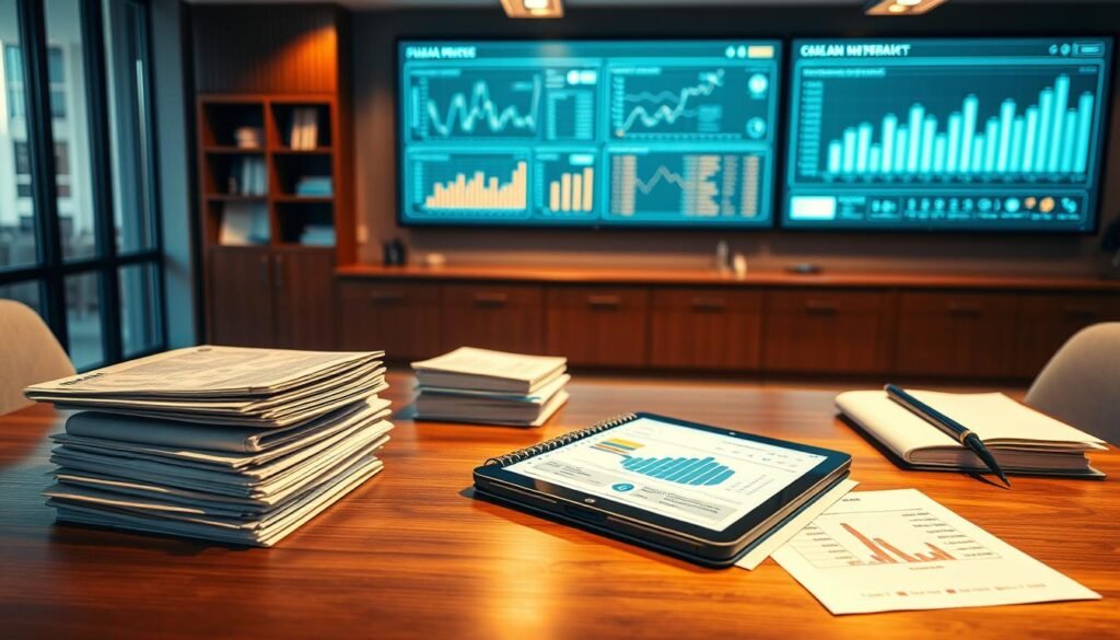 A modern office space with a focal point on a large wooden desk showcasing stacks of official documents, ledgers, and a tablet displaying financial data. The lighting is warm and inviting, casting a soft glow across the scene. In the background, a wall-mounted display screen shows visualizations of financial transactions and compliance metrics. The overall atmosphere conveys a sense of order, diligence, and attention to detail, reflecting the regulatory and financial compliance required for public sector contracts. A modern office space with a focal point on a large wooden desk showcasing stacks of official documents, ledgers, and a tablet displaying financial data. The lighting is warm and inviting, casting a soft glow across the scene. In the background, a wall-mounted display screen shows visualizations of financial transactions and compliance metrics. The overall atmosphere conveys a sense of order, diligence, and attention to detail, reflecting the regulatory and financial compliance required for public sector contracts.