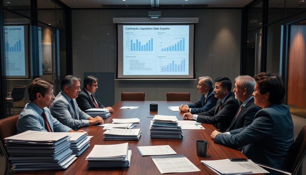 A modern office space with a glass-walled conference room. Inside, a team of government officials and business executives are gathered around a long wooden table, reviewing stacks of contracts and financial documents. Soft, warm lighting illuminates the scene, casting gentle shadows across their serious expressions. In the background, a large projection screen displays charts and graphs related to contract liquidation and state expenditures. The overall atmosphere conveys a sense of diligence, responsibility, and the careful deliberation of important fiscal matters. A modern office space with a glass-walled conference room. Inside, a team of government officials and business executives are gathered around a long wooden table, reviewing stacks of contracts and financial documents. Soft, warm lighting illuminates the scene, casting gentle shadows across their serious expressions. In the background, a large projection screen displays charts and graphs related to contract liquidation and state expenditures. The overall atmosphere conveys a sense of diligence, responsibility, and the careful deliberation of important fiscal matters.