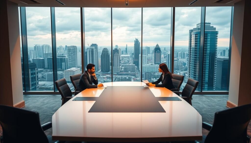 A modern office space with a large conference table, surrounded by floor-to-ceiling windows overlooking a bustling Colombian city skyline. Three professionals in business attire sit around the table, engaged in a collaborative discussion. Warm, directional lighting casts soft shadows, creating an atmosphere of focused intensity. The room is furnished with sleek, minimalist decor, accentuating the sense of professionalism and problem-solving. The overall scene conveys a sense of diligent consultation, as the team works towards implementing a strategic approach to state contracting transparency. A modern office space with a large conference table, surrounded by floor-to-ceiling windows overlooking a bustling Colombian city skyline. Three professionals in business attire sit around the table, engaged in a collaborative discussion. Warm, directional lighting casts soft shadows, creating an atmosphere of focused intensity. The room is furnished with sleek, minimalist decor, accentuating the sense of professionalism and problem-solving. The overall scene conveys a sense of diligent consultation, as the team works towards implementing a strategic approach to state contracting transparency.