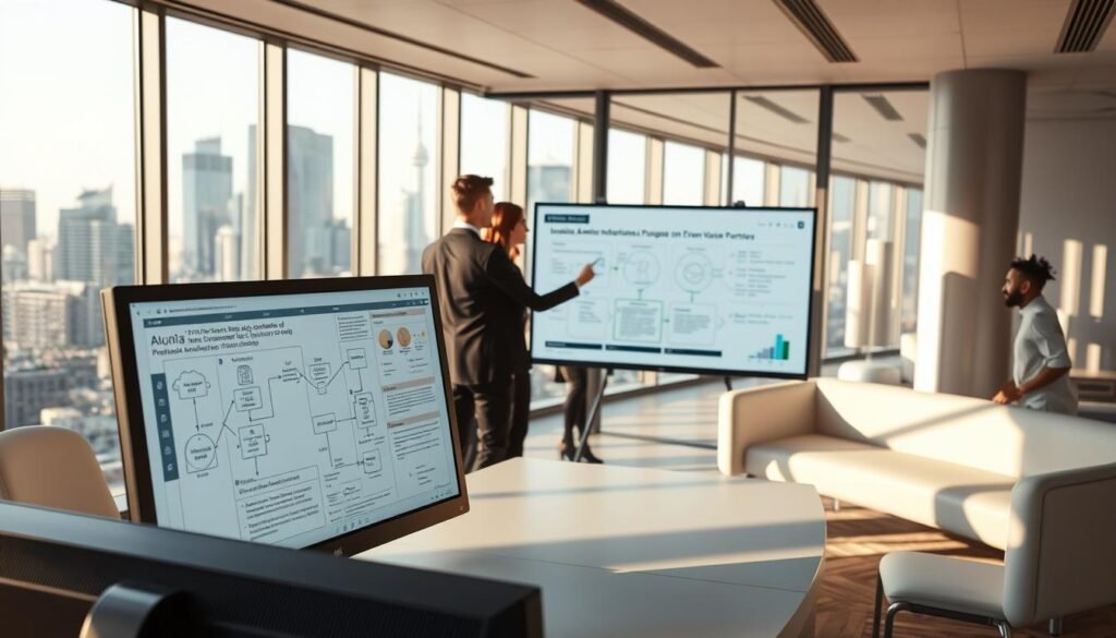 A modern office space with sleek, minimalist furniture. In the foreground, a desktop computer displays detailed digital schematics and process flows. In the middle ground, a team of professionals collaborate around a large touchscreen display, annotating and optimizing administrative workflows. The background features large windows overlooking a bustling city skyline, bathed in warm, natural light. The atmosphere is one of efficiency, innovation, and a smooth, seamless transition to a digitalized administrative infrastructure. A modern office space with sleek, minimalist furniture. In the foreground, a desktop computer displays detailed digital schematics and process flows. In the middle ground, a team of professionals collaborate around a large touchscreen display, annotating and optimizing administrative workflows. The background features large windows overlooking a bustling city skyline, bathed in warm, natural light. The atmosphere is one of efficiency, innovation, and a smooth, seamless transition to a digitalized administrative infrastructure.