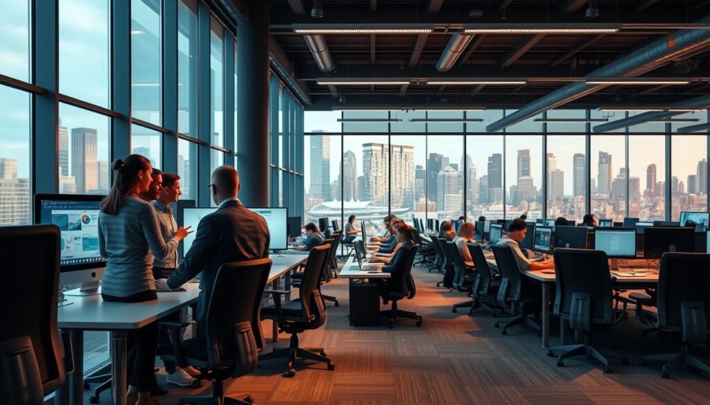 A modern open-plan office with sleek ergonomic desks and chairs. In the foreground, a team of professionals collaborate around a large touchscreen display, gesturing and reviewing digital documents. In the middle ground, rows of computer workstations with employees diligently typing and studying screens. Soft, indirect lighting casts a warm glow over the scene. Through the large windows in the background, a vibrant cityscape of skyscrapers and infrastructure, symbolizing the digitalization of administrative processes that streamline workflow and drive progress. A modern open-plan office with sleek ergonomic desks and chairs. In the foreground, a team of professionals collaborate around a large touchscreen display, gesturing and reviewing digital documents. In the middle ground, rows of computer workstations with employees diligently typing and studying screens. Soft, indirect lighting casts a warm glow over the scene. Through the large windows in the background, a vibrant cityscape of skyscrapers and infrastructure, symbolizing the digitalization of administrative processes that streamline workflow and drive progress.